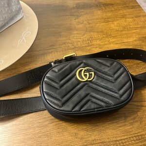Gucci Black Quilted Leather Belt Bag with Gold Double-G